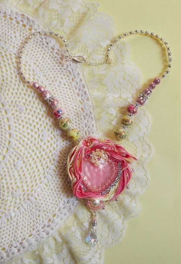 Tender Heart necklace embroidered with a pink and yellow silk ribbon, ceramic beads, Swarovski crystals and seed beads