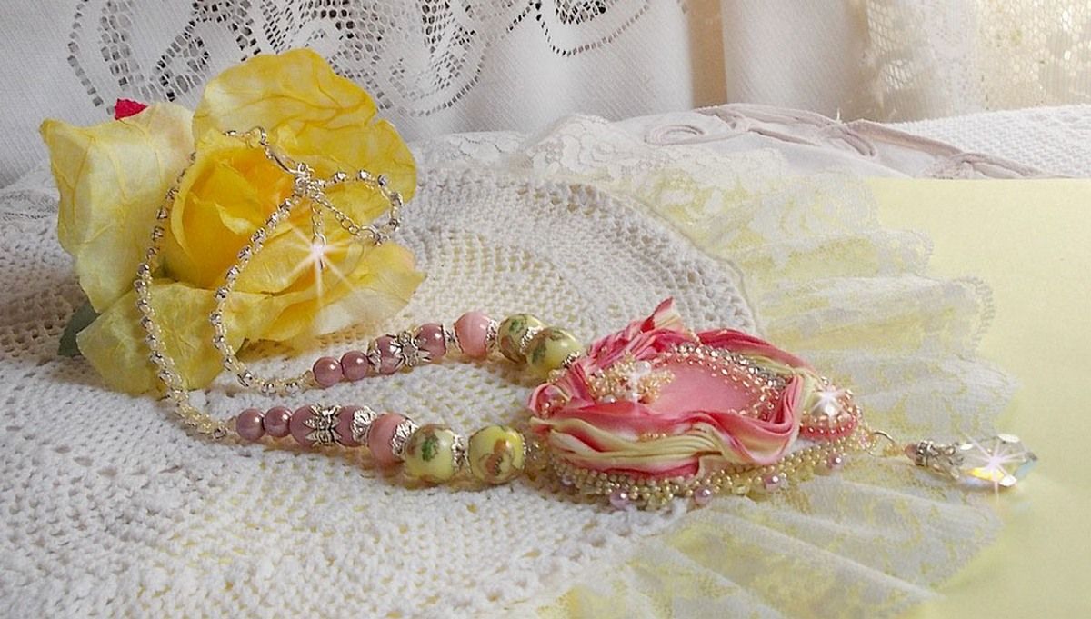 Tender Heart necklace embroidered with a pink and yellow silk ribbon, ceramic beads, Swarovski crystals and seed beads