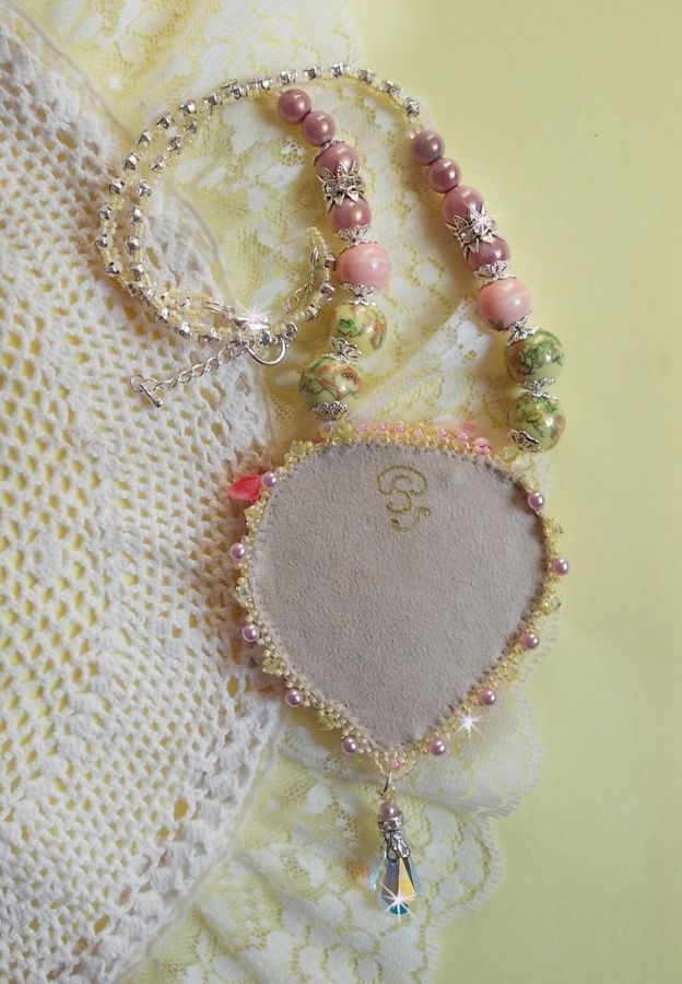 Tender Heart necklace embroidered with a pink and yellow silk ribbon, ceramic beads, Swarovski crystals and seed beads