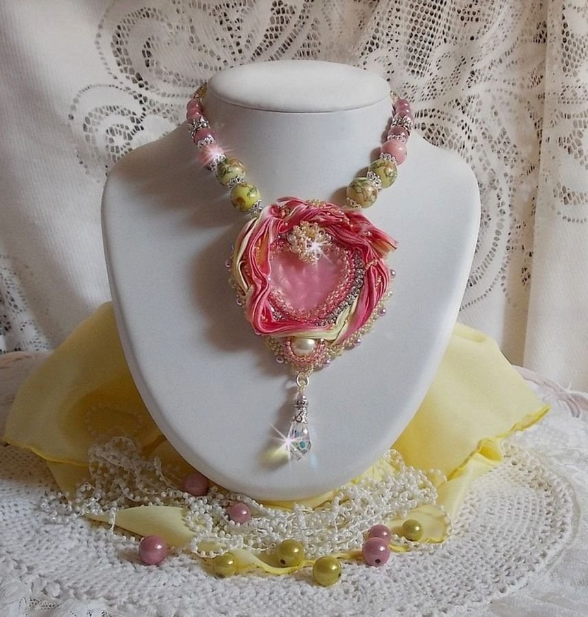 Tender Heart necklace embroidered with a pink and yellow silk ribbon, ceramic beads, Swarovski crystals and seed beads