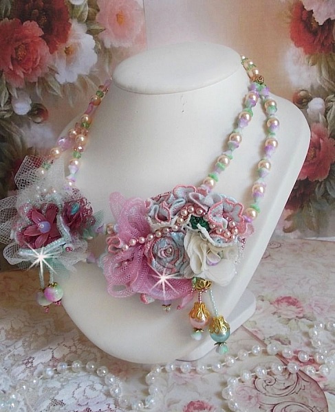 Douceur Poudr&eacute;e Haute-Couture necklace created with lace, Swarovski crystals, Jade, pearls, Flash Gold plated accessories on 24 carat brass and seed beads.