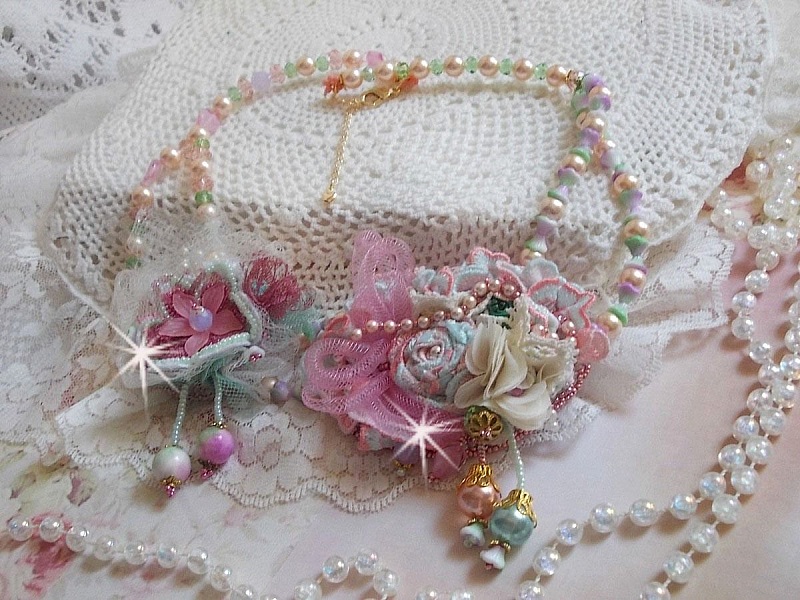 Douceur Poudr&eacute;e Haute-Couture necklace created with lace, Swarovski crystals, Jade, pearls, Flash Gold plated accessories on 24 carat brass and seed beads.