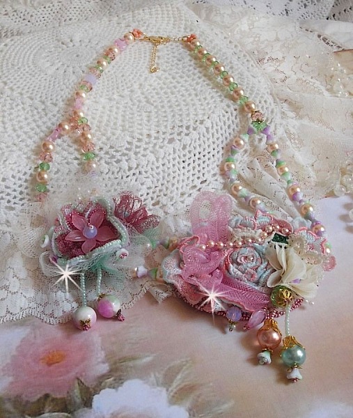 Douceur Poudr&eacute;e Haute-Couture necklace created with lace, Swarovski crystals, Jade, pearls, Flash Gold plated accessories on 24 carat brass and seed beads.