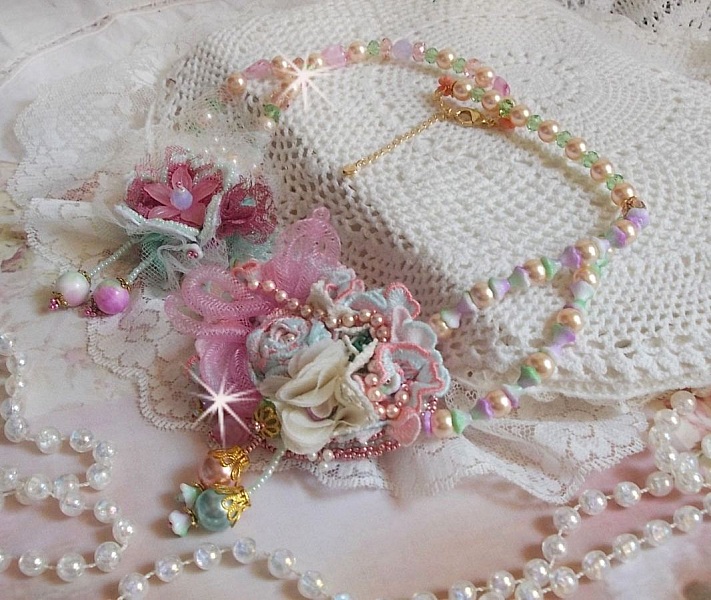 Douceur Poudr&eacute;e Haute-Couture necklace created with lace, Swarovski crystals, Jade, pearls, Flash Gold plated accessories on 24 carat brass and seed beads.