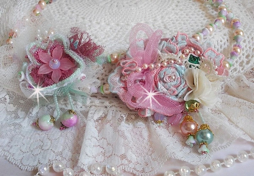 Douceur Poudr&eacute;e Haute-Couture necklace created with lace, Swarovski crystals, Jade, pearls, Flash Gold plated accessories on 24 carat brass and seed beads.