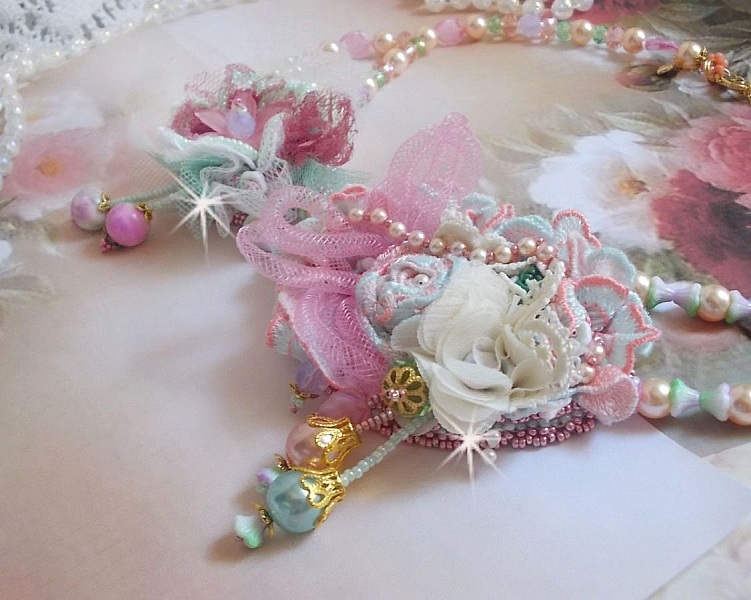 Douceur Poudr&eacute;e Haute-Couture necklace created with lace, Swarovski crystals, Jade, pearls, Flash Gold plated accessories on 24 carat brass and seed beads.