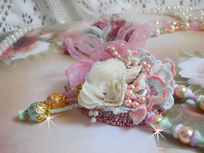 Douceur Poudr&eacute;e Haute-Couture necklace created with lace, Swarovski crystals, Jade, pearls, Flash Gold plated accessories on 24 carat brass and seed beads.