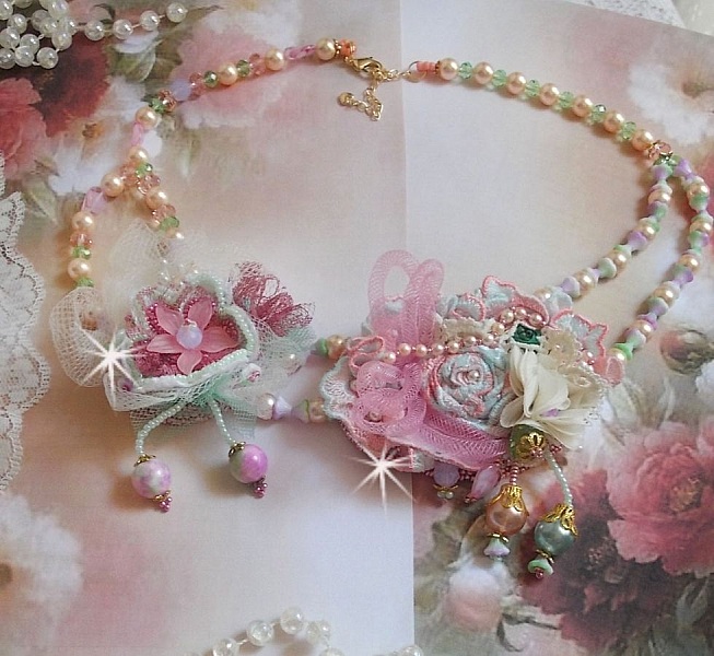 Douceur Poudr&eacute;e Haute-Couture necklace created with lace, Swarovski crystals, Jade, pearls, Flash Gold plated accessories on 24 carat brass and seed beads.