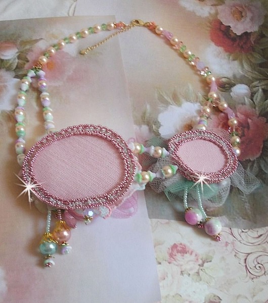 Douceur Poudr&eacute;e Haute-Couture necklace created with lace, Swarovski crystals, Jade, pearls, Flash Gold plated accessories on 24 carat brass and seed beads.