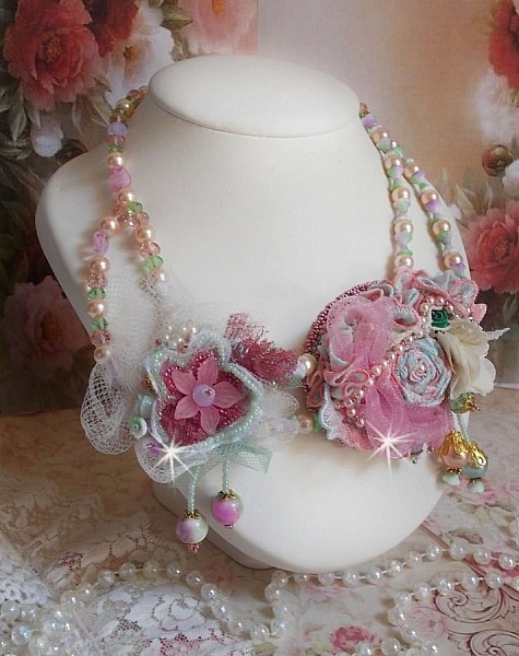 Douceur Poudr&eacute;e Haute-Couture necklace created with lace, Swarovski crystals, Jade, pearls, Flash Gold plated accessories on 24 carat brass and seed beads.