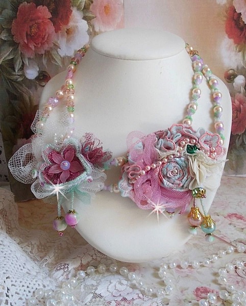 Douceur Poudr&eacute;e Haute-Couture necklace created with lace, Swarovski crystals, Jade, pearls, Flash Gold plated accessories on 24 carat brass and seed beads.