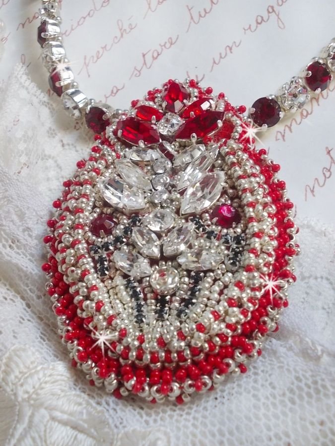 Drigon Red necklace embroidered with red Swarovski crystals, silver seed beads, rhinestones, clasps and 925/1000 silver chains