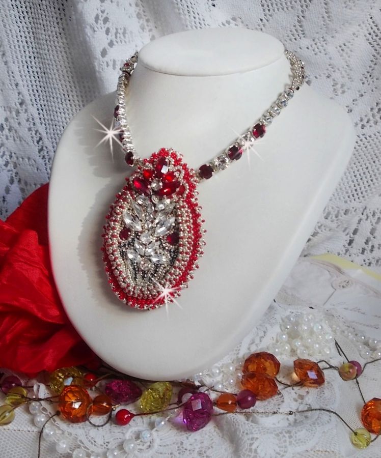 Drigon Red necklace embroidered with red Swarovski crystals, silver seed beads, rhinestones, clasps and 925/1000 silver chains