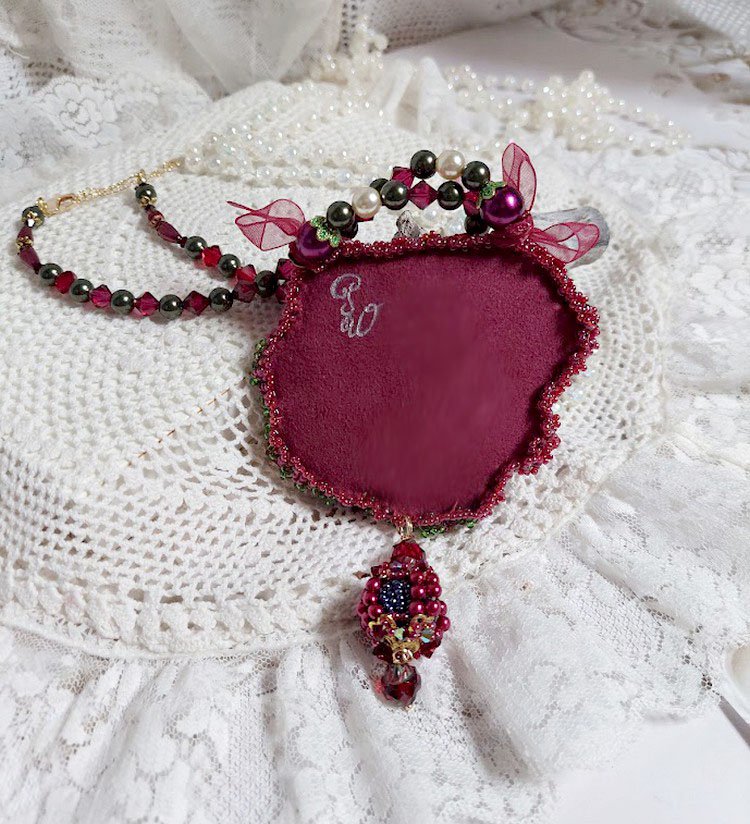 Necklace Enchantment of Autumn embroidered with pearly pearls Bordeaux, a lace, various pearls and seed beads