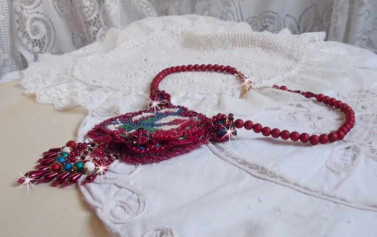 Necklace Enchantment of Autumn embroidered with pearly pearls Bordeaux, a lace, various pearls and seed beads