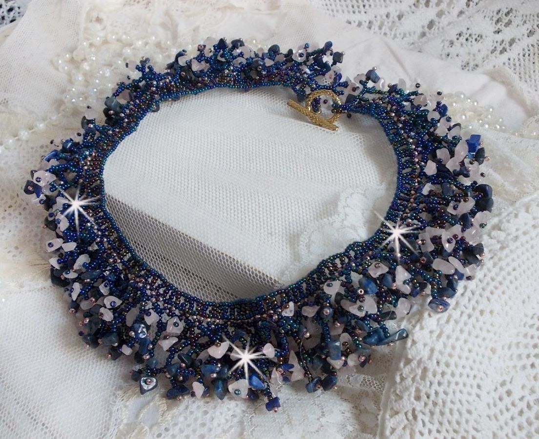 Coral flower necklace with seed beads and semi-precious pearls such as Quartz, Sodalite and Lapis Lazuli.