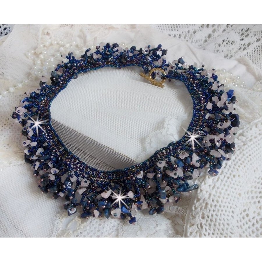 Coral flower necklace with seed beads and semi-precious pearls such as Quartz, Sodalite and Lapis Lazuli.