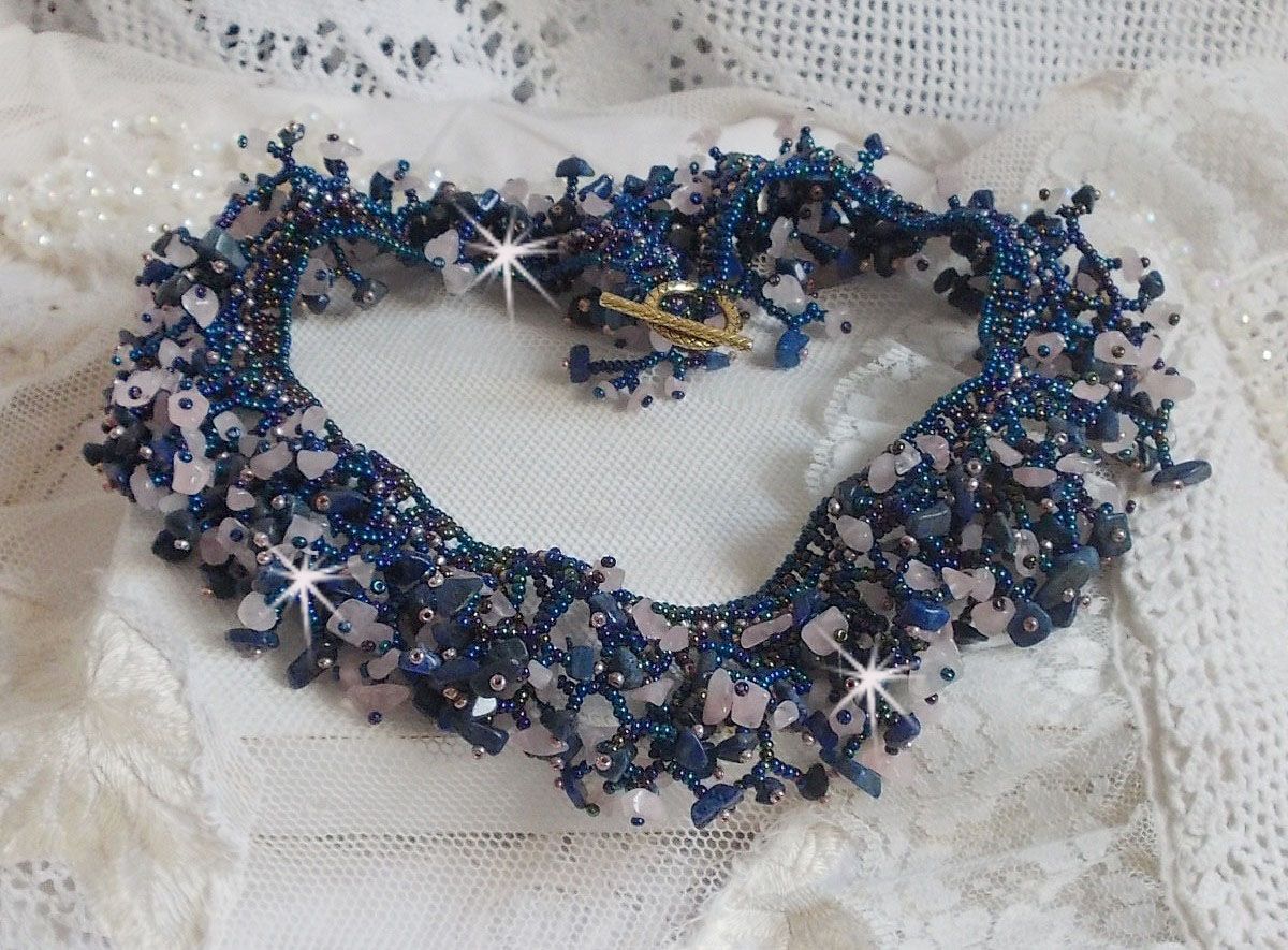 Coral flower necklace with seed beads and semi-precious pearls such as Quartz, Sodalite and Lapis Lazuli.