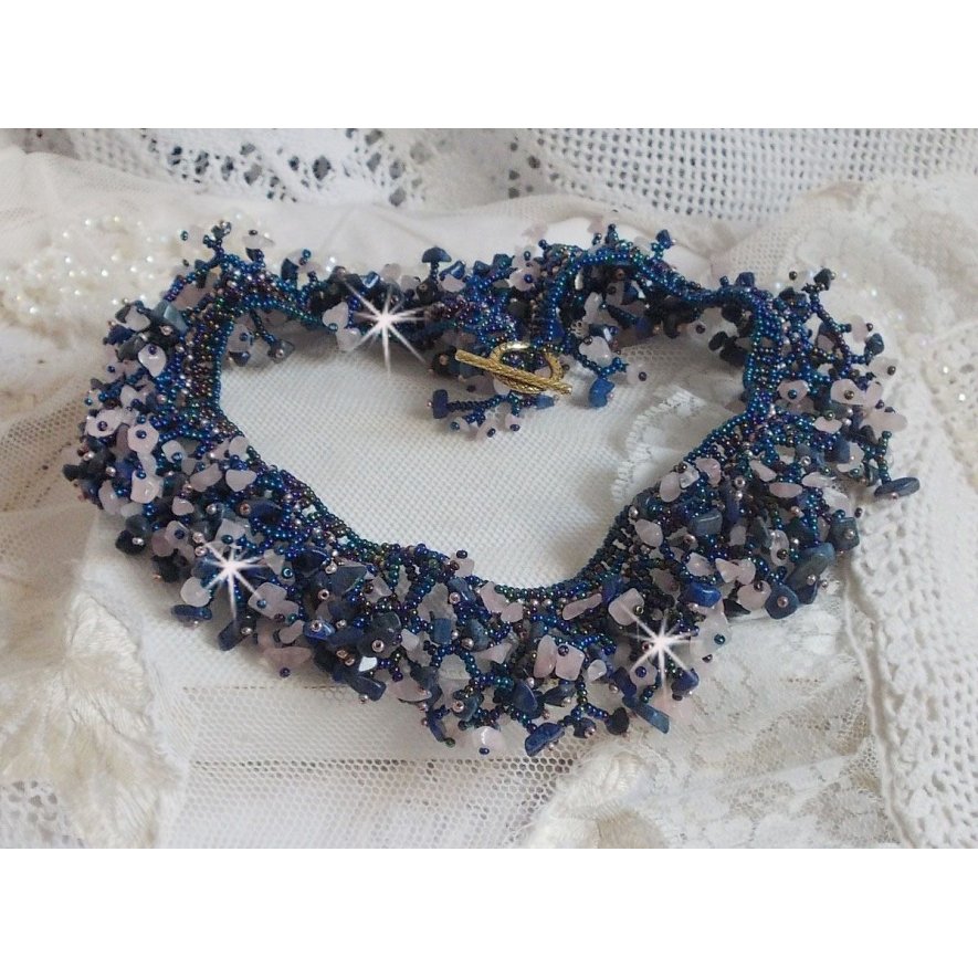 Coral flower necklace with seed beads and semi-precious pearls such as Quartz, Sodalite and Lapis Lazuli.