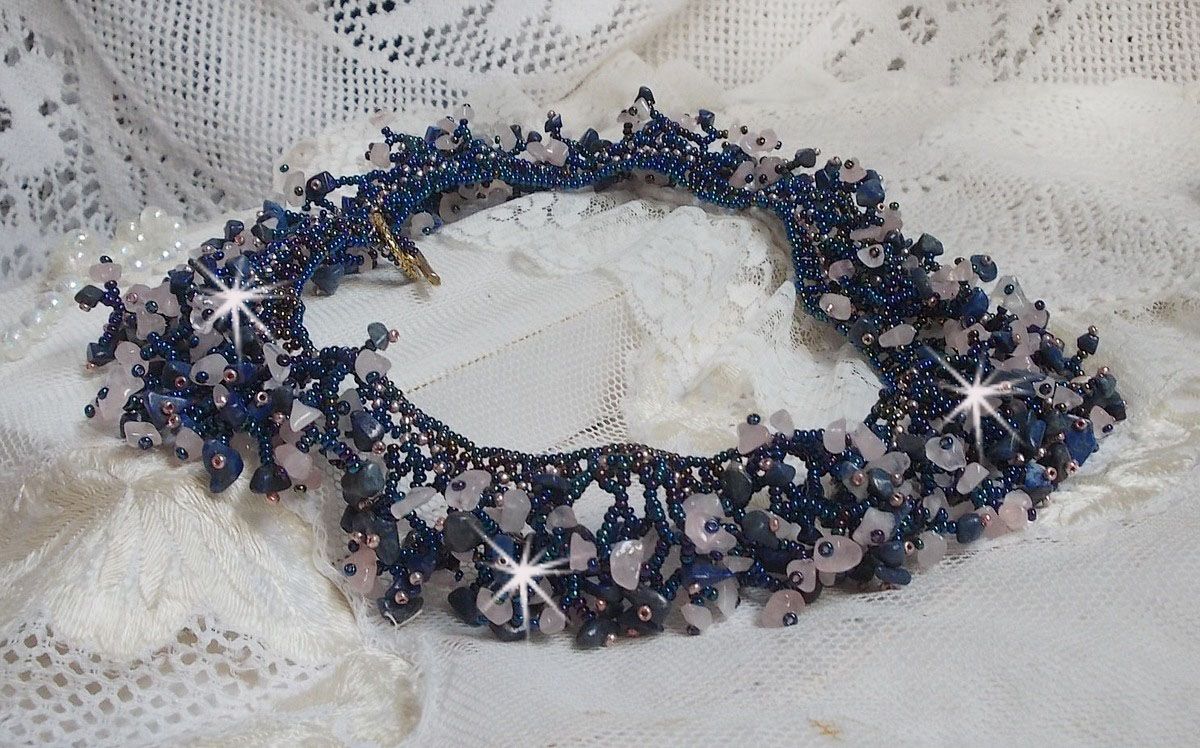 Coral flower necklace with seed beads and semi-precious pearls such as Quartz, Sodalite and Lapis Lazuli.