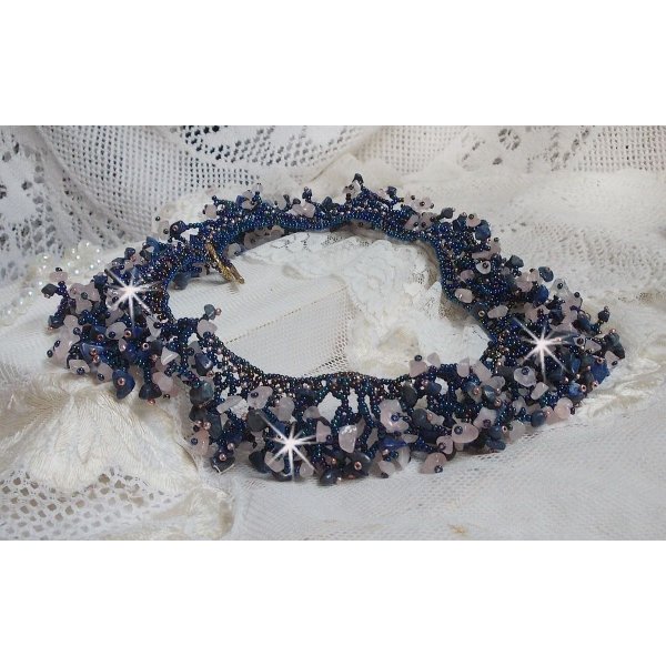 Coral flower necklace with seed beads and semi-precious pearls such as Quartz, Sodalite and Lapis Lazuli.