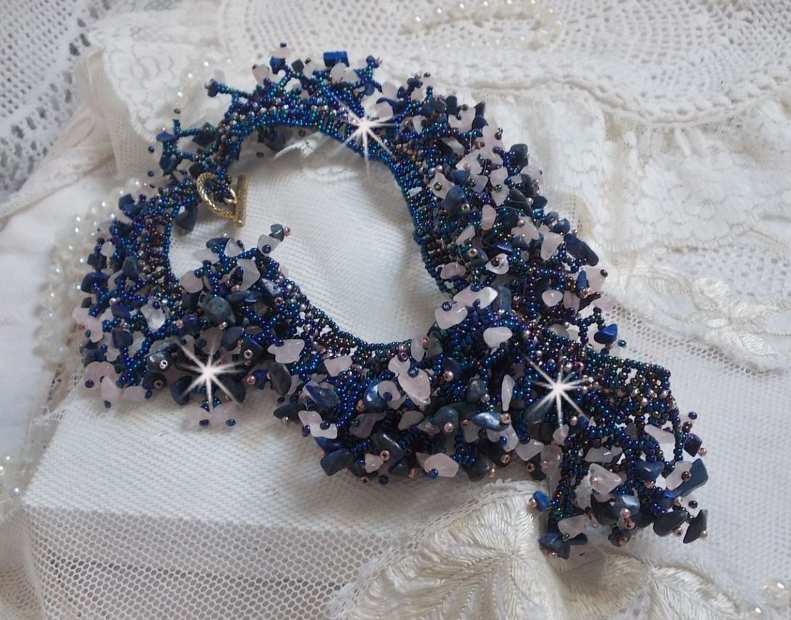 Coral flower necklace with seed beads and semi-precious pearls such as Quartz, Sodalite and Lapis Lazuli.