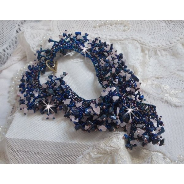 Coral flower necklace with seed beads and semi-precious pearls such as Quartz, Sodalite and Lapis Lazuli.