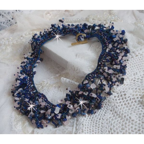 Coral flower necklace with seed beads and semi-precious pearls such as Quartz, Sodalite and Lapis Lazuli.