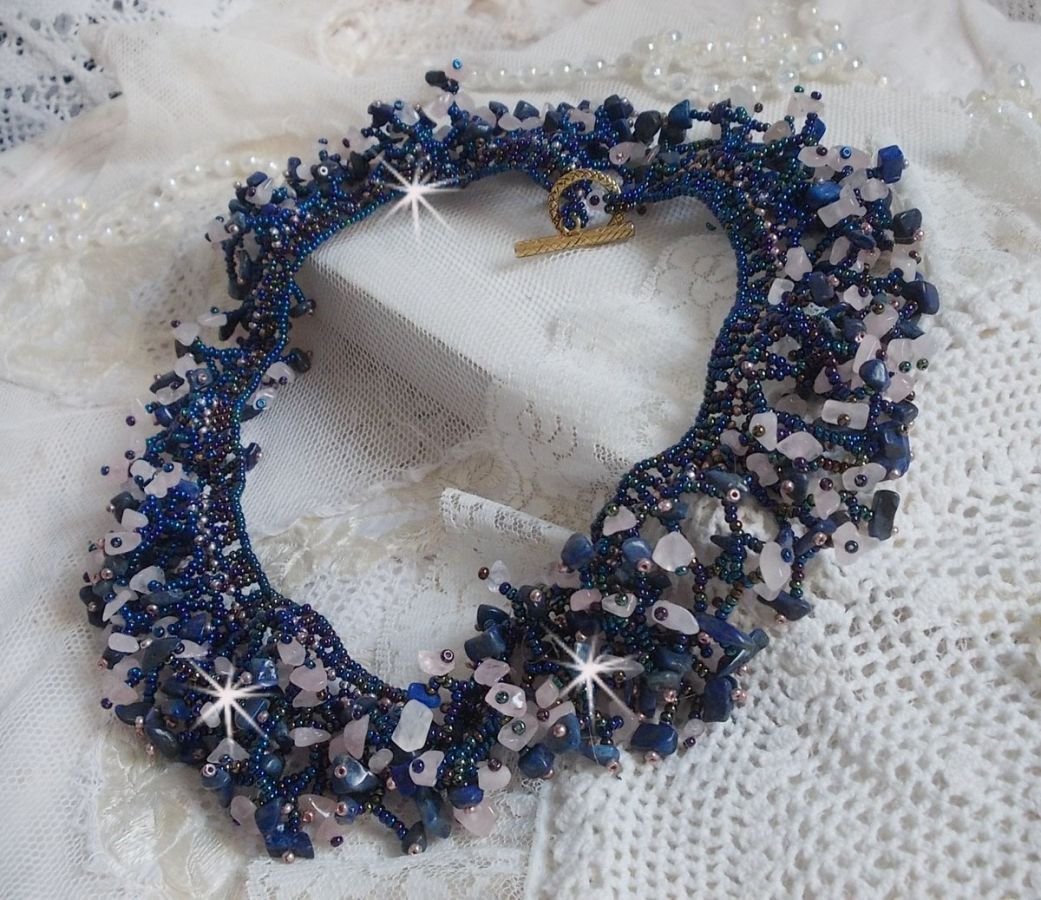 Coral flower necklace with seed beads and semi-precious pearls such as Quartz, Sodalite and Lapis Lazuli.