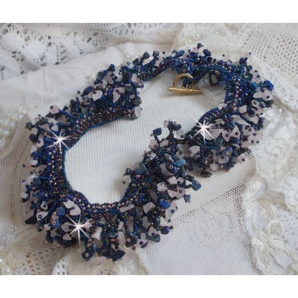 Coral flower necklace with seed beads and semi-precious pearls such as Quartz, Sodalite and Lapis Lazuli.