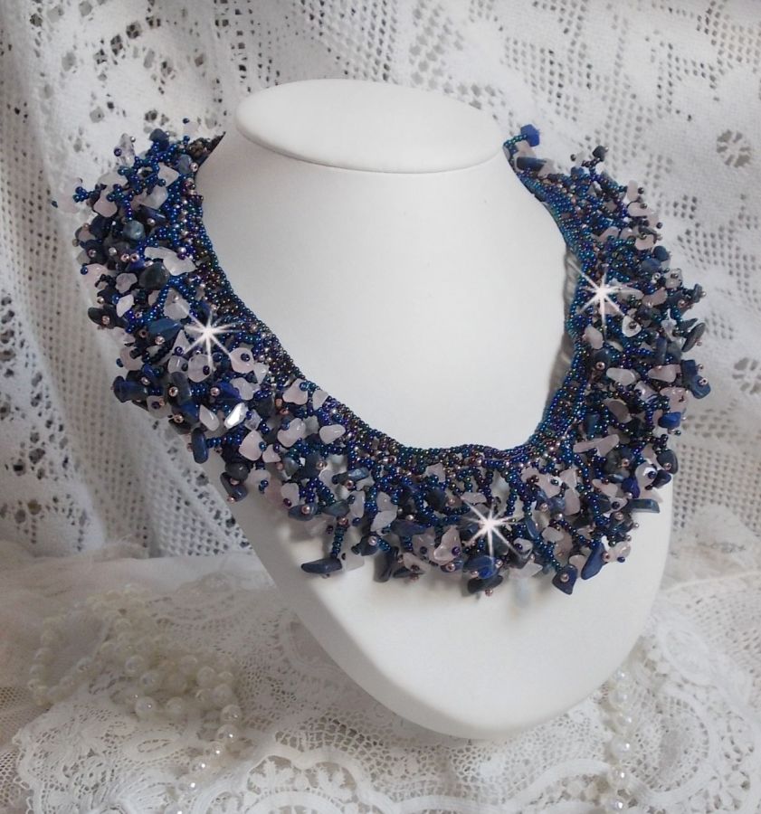 Coral flower necklace with seed beads and semi-precious pearls such as Quartz, Sodalite and Lapis Lazuli.