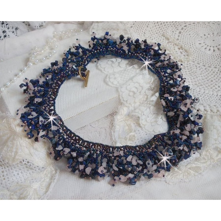 Coral flower necklace with seed beads and semi-precious pearls such as Quartz, Sodalite and Lapis Lazuli.