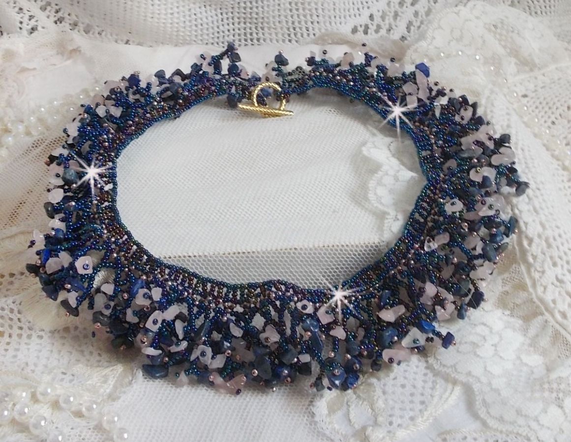 Coral flower necklace with seed beads and semi-precious pearls such as Quartz, Sodalite and Lapis Lazuli.