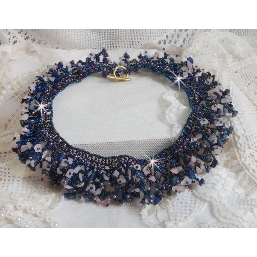 Coral flower necklace with seed beads and semi-precious pearls such as Quartz, Sodalite and Lapis Lazuli.