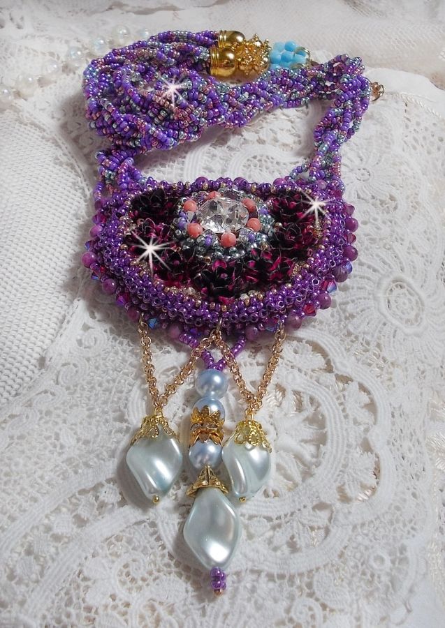 Freesia necklace embroidered with Fuchsia resin roses marbled with Rose, Swarovski crystals and seed beads.