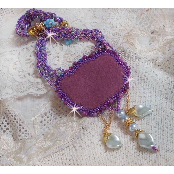 Freesia necklace embroidered with Fuchsia resin roses marbled with Rose, Swarovski crystals and seed beads.