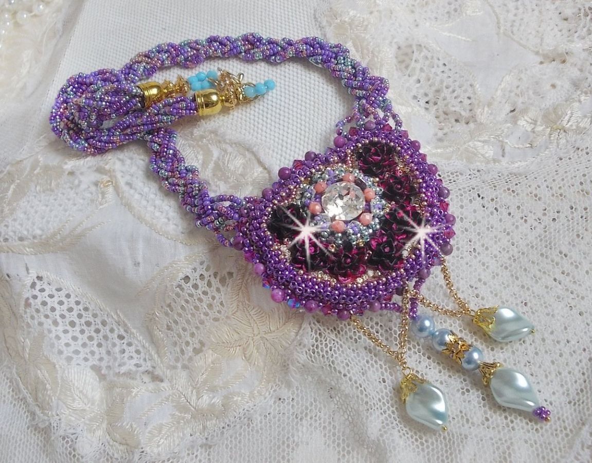 Freesia necklace embroidered with Fuchsia resin roses marbled with Rose, Swarovski crystals and seed beads.