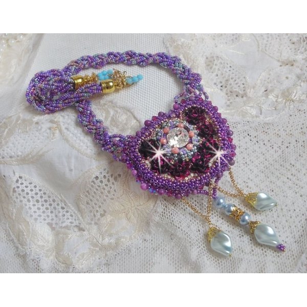 Freesia necklace embroidered with Fuchsia resin roses marbled with Rose, Swarovski crystals and seed beads.
