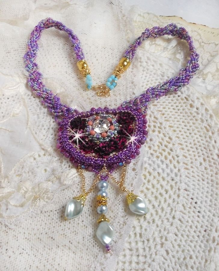 Freesia necklace embroidered with Fuchsia resin roses marbled with Rose, Swarovski crystals and seed beads.