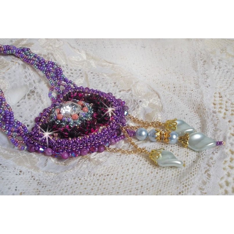 Freesia necklace embroidered with Fuchsia resin roses marbled with Rose, Swarovski crystals and seed beads.