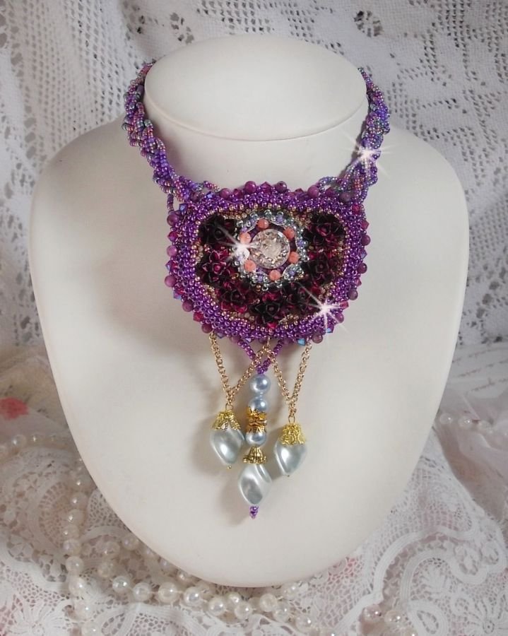 Freesia necklace embroidered with Fuchsia resin roses marbled with Rose, Swarovski crystals and seed beads.