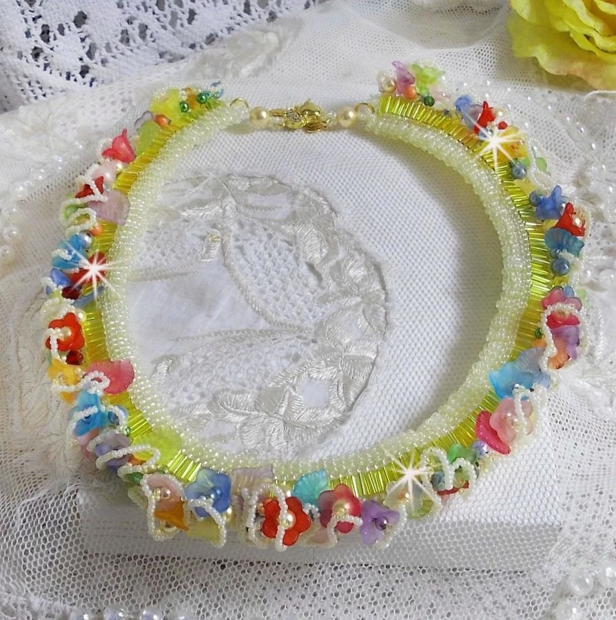 Garden Flowers necklace with Frosted flowers, rockeries, yellow tubes, Lucite flowers and rockeries