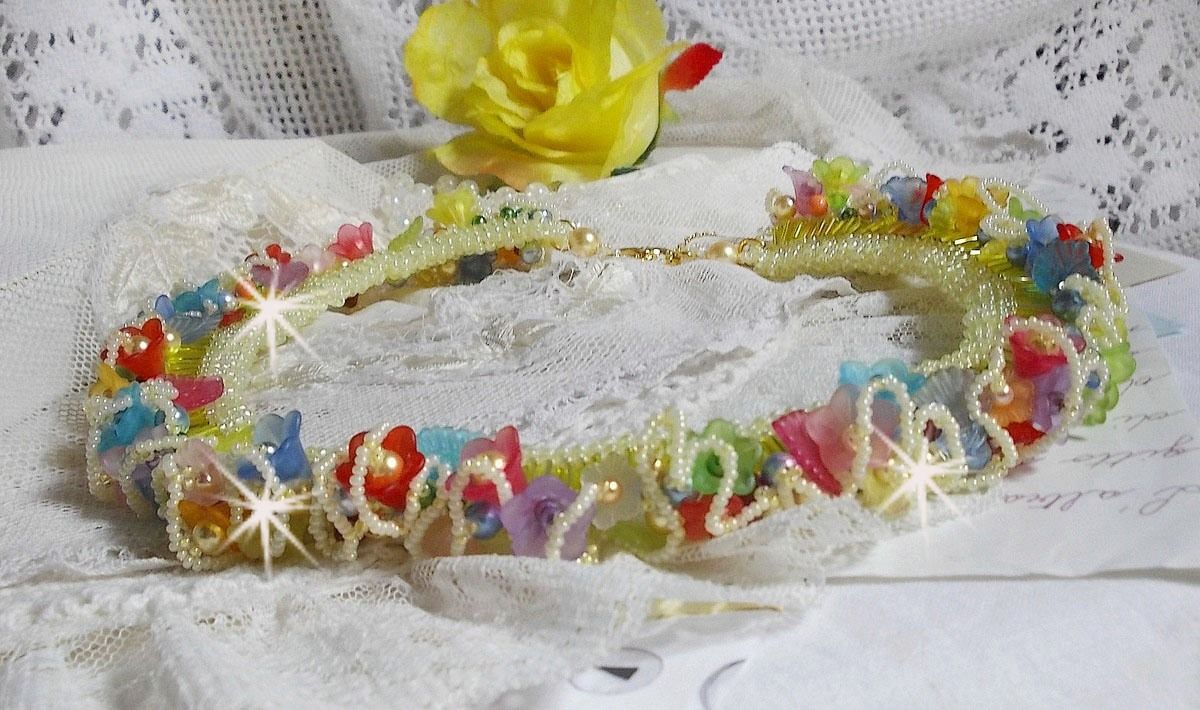 Garden Flowers necklace with Frosted flowers, rockeries, yellow tubes, Lucite flowers and rockeries