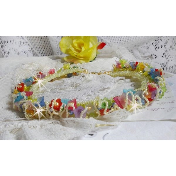 Garden Flowers necklace with Frosted flowers, rockeries, yellow tubes, Lucite flowers and rockeries