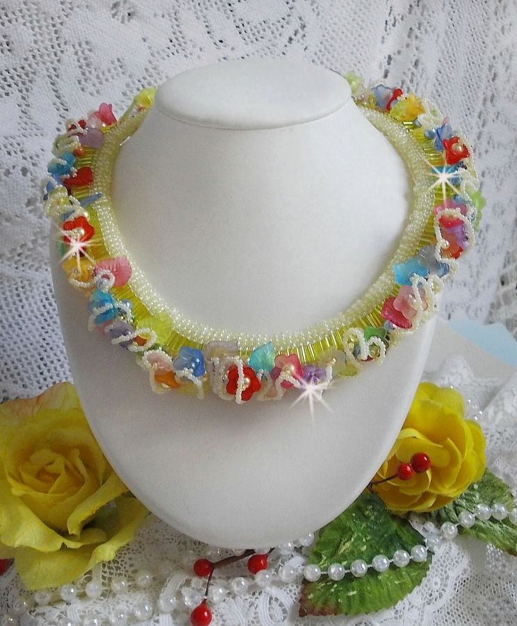 Garden Flowers necklace with Frosted flowers, rockeries, yellow tubes, Lucite flowers and rockeries