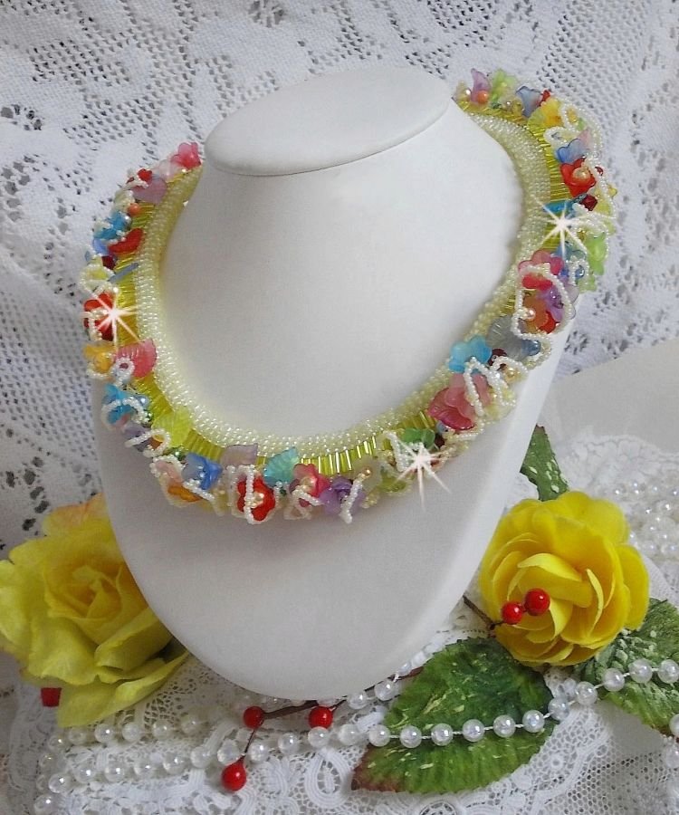 Garden Flowers necklace with Frosted flowers, rockeries, yellow tubes, Lucite flowers and rockeries