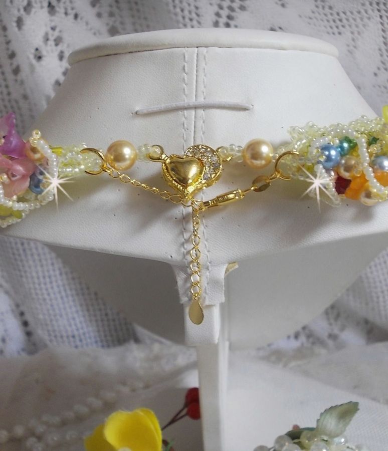 Garden Flowers necklace with Frosted flowers, rockeries, yellow tubes, Lucite flowers and rockeries