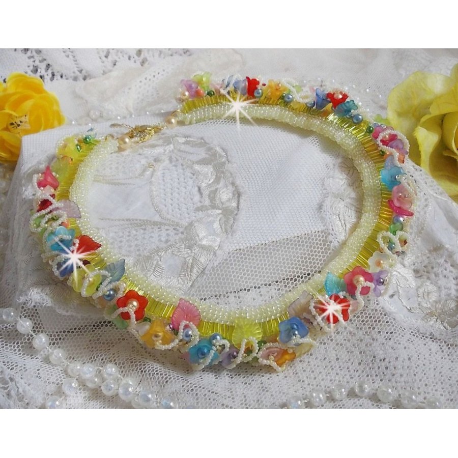 Garden Flowers necklace with Frosted flowers, rockeries, yellow tubes, Lucite flowers and rockeries