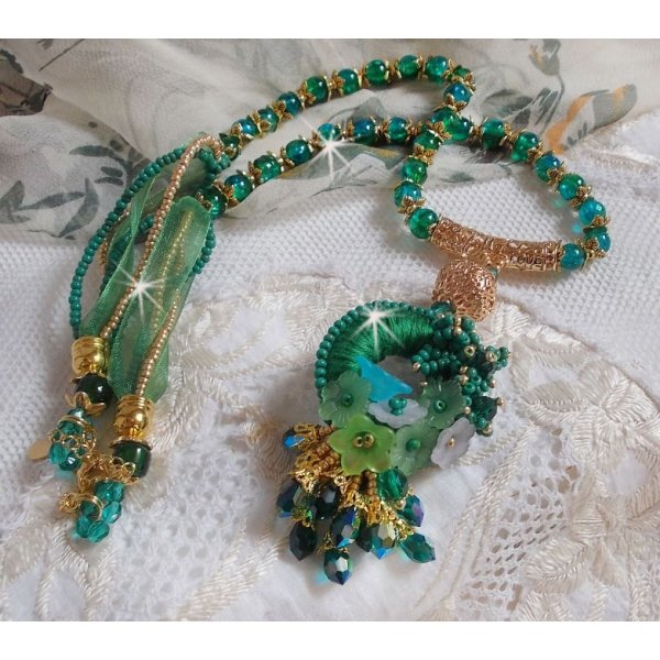 Green Iris necklace embroidered with emerald green DMC cotton, Swarovski crystals, resin beads and seed beads
