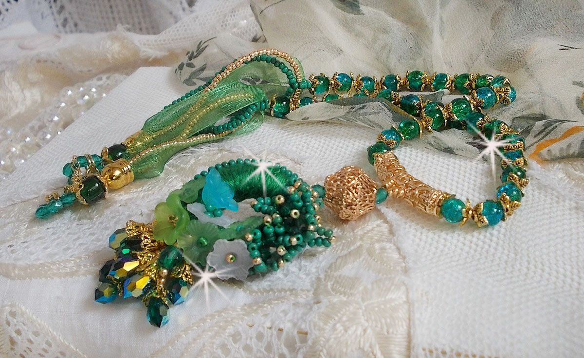 Green Iris necklace embroidered with emerald green DMC cotton, Swarovski crystals, resin beads and seed beads